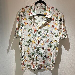 Tricots St. Raphael Men's Hawaiian Shirt Size L Musical Parrots Macaw Tropical